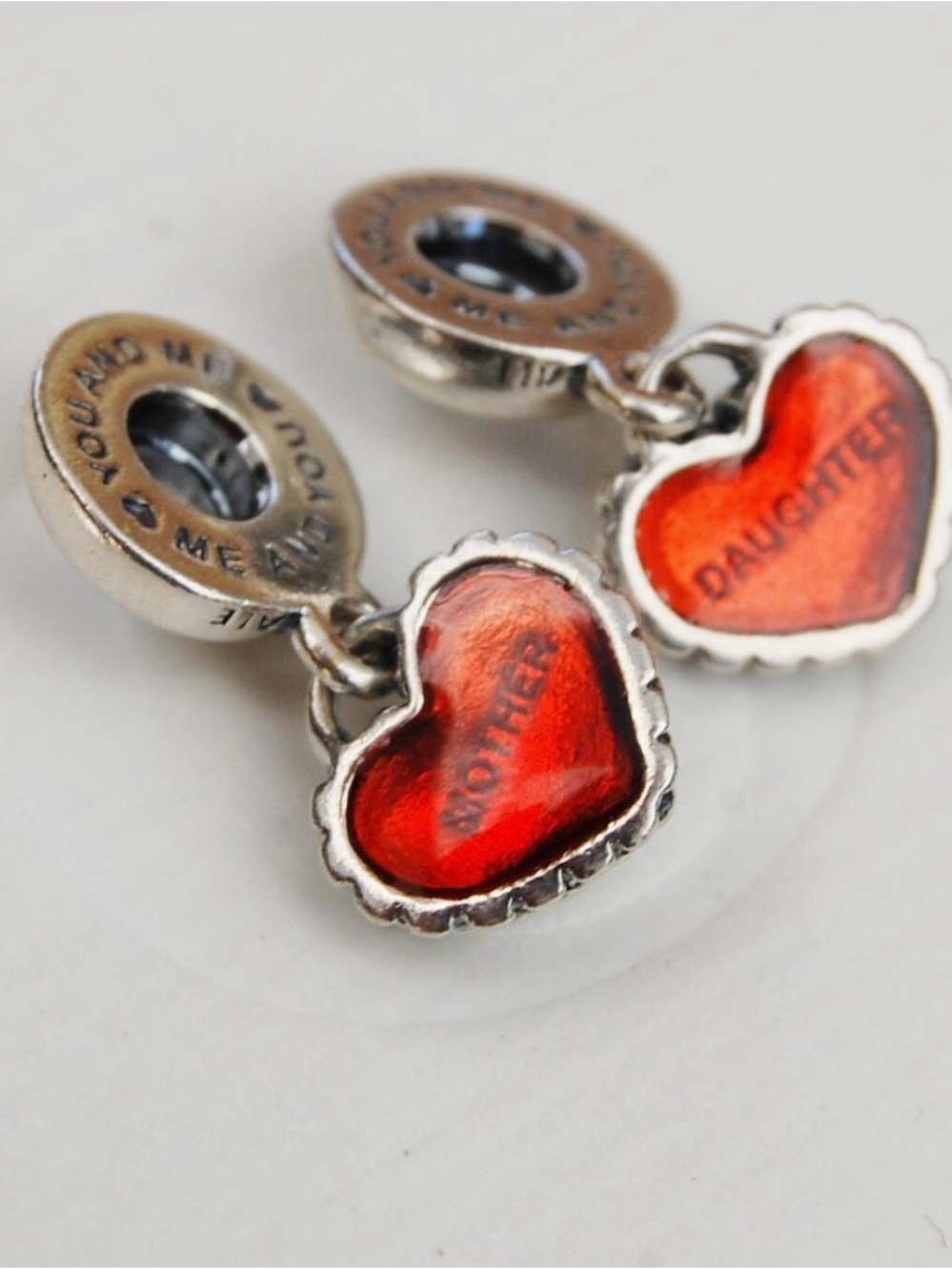 Pandora Red Heart Mother & Daughter Charm Pair - Silver with red enamel EUC